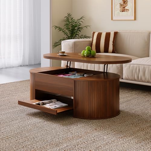 Merax Table basse élévable 110x55,5x40 cm, hauteur réglable avec côtés en bois incurvés, étagère extensible, meuble de salon multifonctionnel, espace...