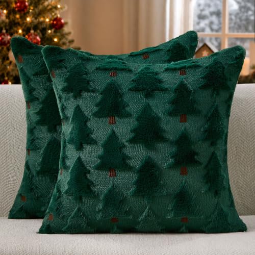 Image of Allorry Christmas Pillow Covers 20x20 inch Set of 2 Christmas Decorations Soft Plush Faux Fur Wool Green Christmas Tree Throw Pillow Cases Winter Holiday Decor for Sofa Living Room PT-012P20