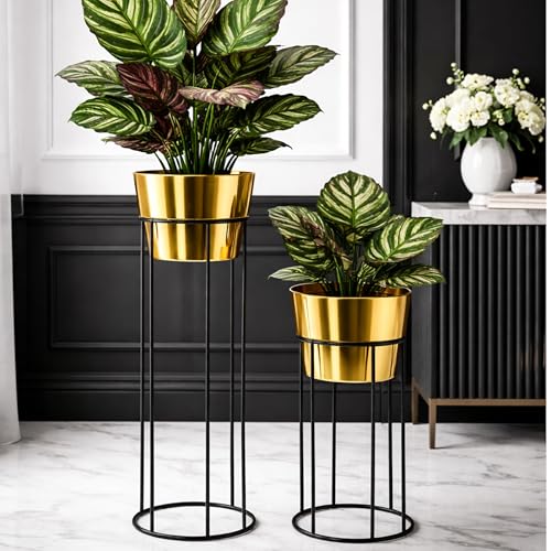 Image of Modern Metal Floor Planter Stand Set of 2 - Tall Gold & Black Indoor Plant Holders with Iron Stands for Living Room, Balcony, Office & Home Decor