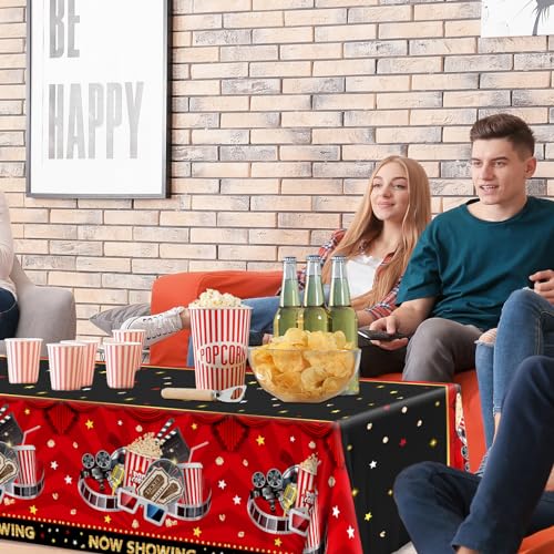 Image of Movie Night Tablecloth,Movie Theme Hollywood Party Decoration 3Pcs Vintage Now Showing Popcorn Tablecloth Drive In Movie Party Table Cover for Movie Theater Party Favors ,Movie Star Birthday Supplies