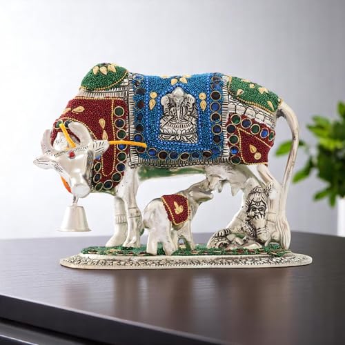 Image of KridayKraft Gold Plated Kamdhenu Cow with Calf Metal Statue for Good Luck Feng Shui & Vastu Showpiece Religious Idol Fingures for Home and Office Table Decor