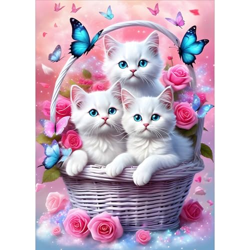 GDYEEH 5D Chaton Blanc Peinture Diamant Painting Kit, DIY Papillon Art du Diamant Complet Kits, Fleurs Diamond Art Kits Strass Point de Croix Painting pour...