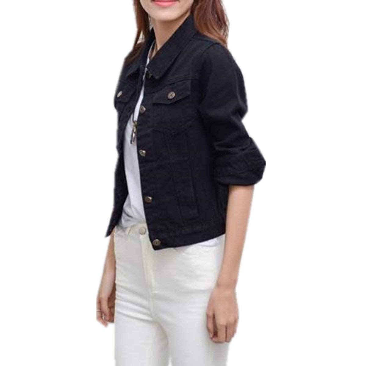 Huixin Dżinsowa kurtka damska elegancka wiosna jesień klapa długi rękaw dżinsy kurtka retro dziewczyna moda trend chłopak styl przetarty denim płaszcz odzież wierzchnia, Czarny, S