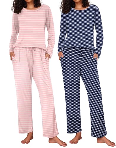 Ekouaer 2 Pack Women's Pajama Set Soft Long Sleeve Sleepwear Loungewear Pjs Sets with Pockets S-XXL