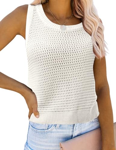 Image of Womens Knit Sweater Vest Summer Tank Tops Round Neck Crochet Hollow Out Sleeveless Crop Top