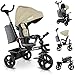 KIDIZ® Dreirad 5in1 Kinderdreirad mit Schubstange Lenksystem Stange ab 1 Jahr vorwärts und Rückwärtsfahrt Jogger, Korb Tasche Getränkehalter Sonnendach Gummiräder, Buggy Fahrrad Baby Klappbar Beige
