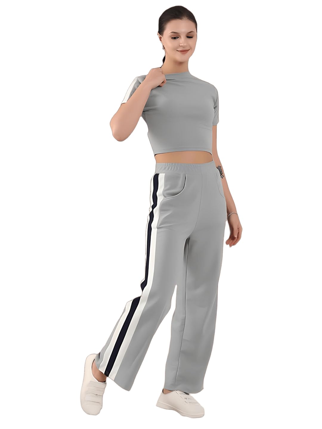 sirgo Women Tracksuit Set, Cotton Blend, With Side Stripes, Crop Top & Track Pants, Half Sleeves, Activewear, Fitness Wear Women, TS-1032-picture-38