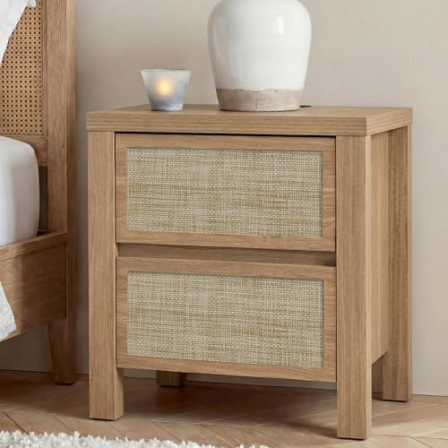 Image of Yechen Rattan Night Stand, Nightstand with Type-C Charging Station, Boho End Tables, Bed Side Tables, 23.6 inch D x 15.8 inch W x 23.6 inch H, 2 Drawers Nightstands for Small Space, Natural Walnut