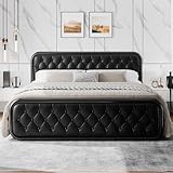 Einhomn King Size Bed Frame, Upholstered Bed with Button Tufted Leather Headboard and Footboard, Metal U-Shape Support Foundation, No Box Spring Required, Black