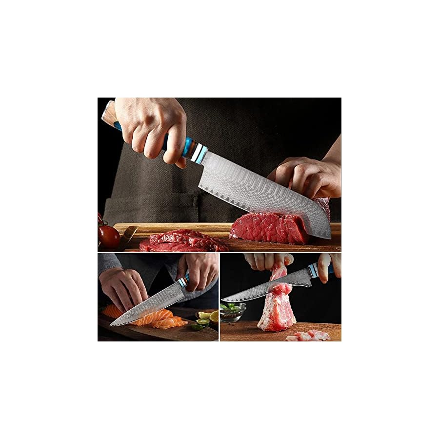 KEENZO Damascus Chef Knife set 3 pcs, Professional Kitchen knife set, Sharp 8" Chef Knife & 7" Santoku Knife & 6" Boning knife. Hand-forged Damascus cooking knife set. Ergonomic handle with Gift box
