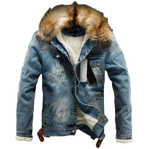 PHJTOMK Men's Faux Fur Collar Sherpa Fleece Lined Denim Jacket Warm Men Winter Trucker Coat Jean Jacket for Men