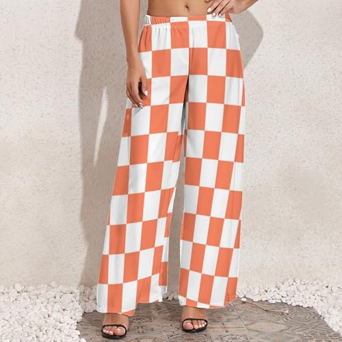 VOSERY Palazzo Pants for Women - White Orange Squares Checkerboard Comfy Casual Womens Wide Leg Pants Baggy Lounge Pants3