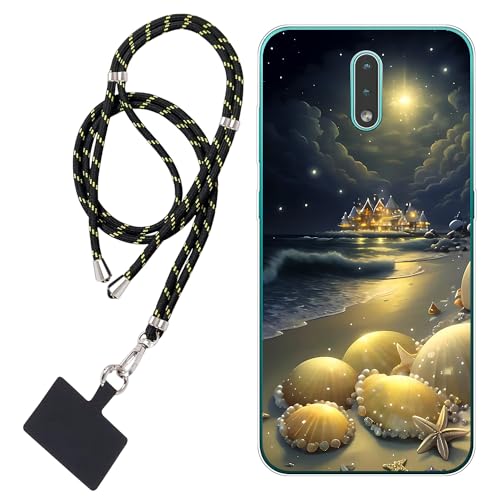 WUACYEAMING Carcasa para Móvil Compatible con Nokia 2.3 Cover Funda Transparente para móvil con Dibujo TPU Shell Castle Moon1*Cordón para Teléfono Ajustable