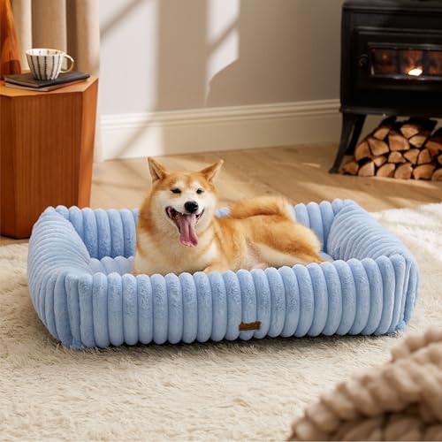 Image of Bedsure ComfyFleece Cute Dog Beds Large Sized Dog Washable,36in Blue | Furry Big Square Pet Beds, Washable Aesthetic,Orthopedic Corduroy Fleece,Removable Zipper Cover,Non-Slip Bottom,Up to 60 Lbs