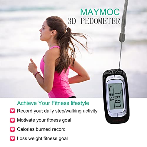 MAYMOC 3D-Schrittzähler zum Gehen – Verfolgen Sie Schritte, Meilen/Km, Kalorien und Aktivitätszeit. Ansteckbarer Schrittzähler für Damen und Herren mit großem Display