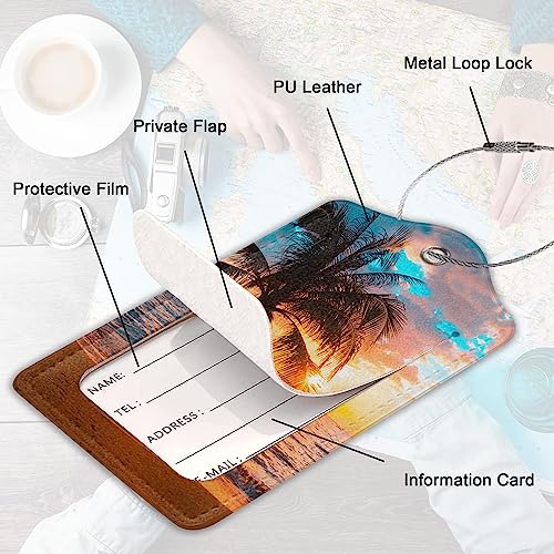 2 Pack Leather Luggage Tags for Travel - Premium Personalized Name Tags for Bags, Suitcases & Backpacks - Waterproof with Metal Loop & ID Window - Gift for Men Women (Summer Palm Tree)3