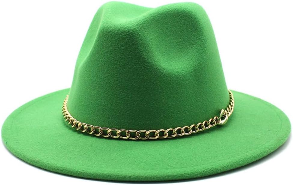 Wide Brim Wool Fedora Hat with Gold Chain Band, Classic Crown, White