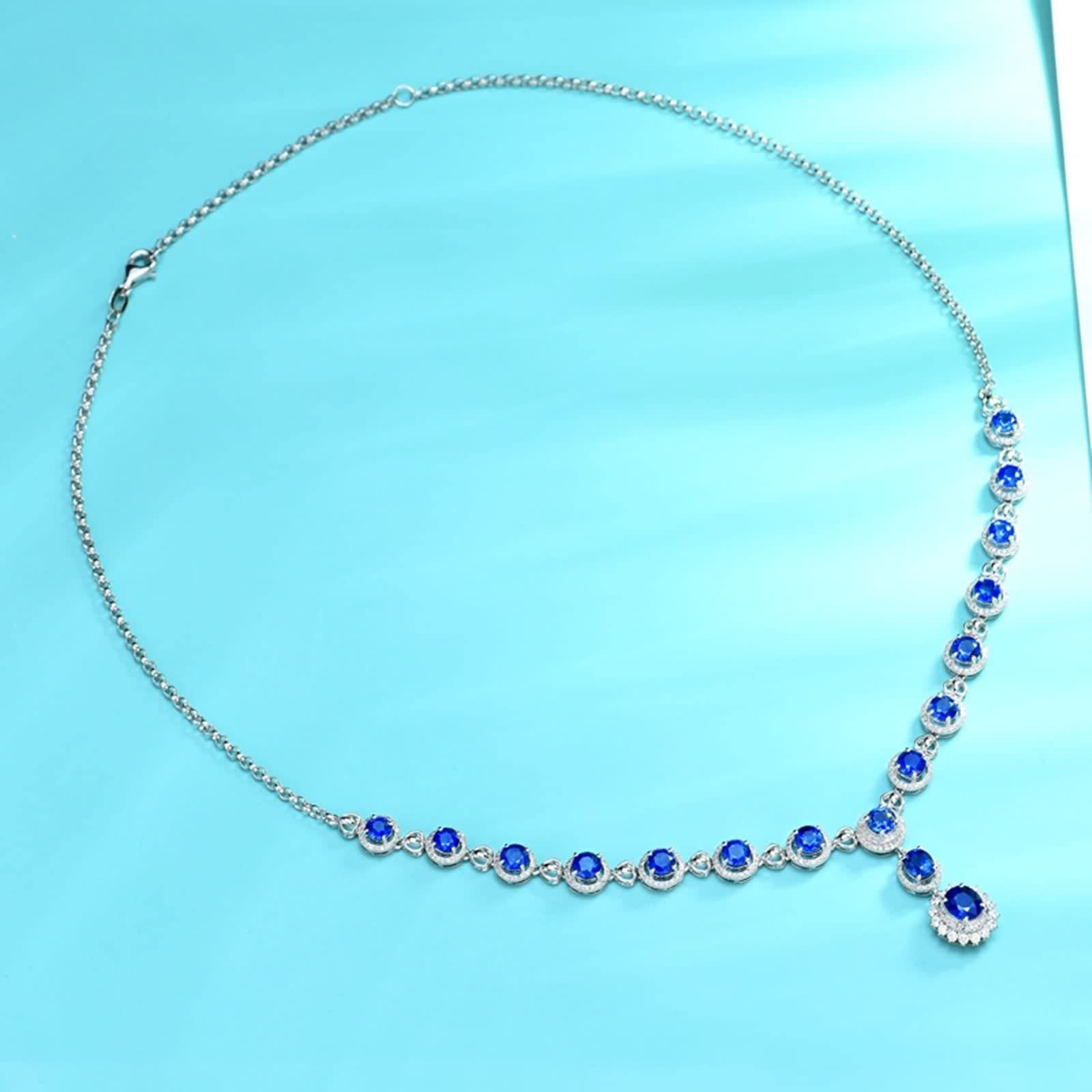 Zaffiro Collana Donna Genuino Collana per Lei Argento Blu 18K Oro Bianco Pendente Collane Con Zaffiro Rotondo Da 7.3 Ct Per San Valentino, Zaffiro Diamante