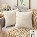 MIULEE 2 Piezas Funda Cojines para Sofa Fundas de Almohada Corduroy con Pomones Cojines Decorativa de Terciopelo Moderno para Sofá Silla Cama Dormitorio Salon Habitacion 50 x 50 cm Crema