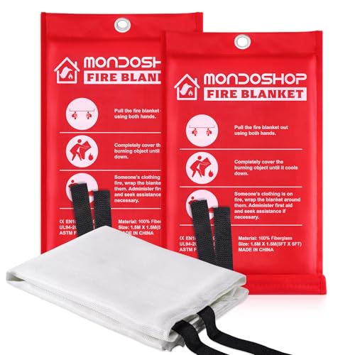 Image of Mondoshop Fire Blanket Emergency for Home and Kitchen - 2 Pack 60 inchx60 inch Fire Blankets Fire Resistant Blanket for Camping, Grill, Car, Office, Warehouse, School, Picnic, Garages, Workshops