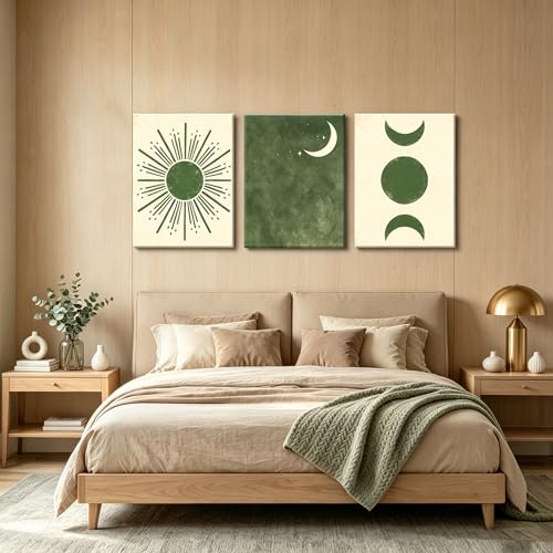 Image of Frimeeme Boho Sun and Moon Canvas Wall Art Set of 3,12x16 Inch,Framed | Mid Century Modern Minimalist, Living Room Bedroom Decor, Ready To Hang