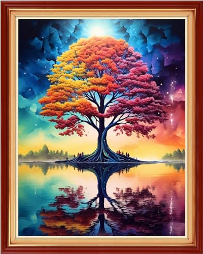 Image of Dimensean Stamped Cross Stitch Kits Full Range of Embroidery Patterns Starter Kits for Beginners Adult DIY Cross Stitches Needlepoint Kits 11CT-Colorful Trees by the Lake 16x20 inch