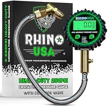 Rhino USA Digital Tire Pressure Gauge 0-250 PSI - Professional ANSI B40.7 Accurate, Easy Read Glow Dial, Premium Braided Hose - Heavy Duty Air Guage for Truck Tires, Cars, Semi, RV & More!