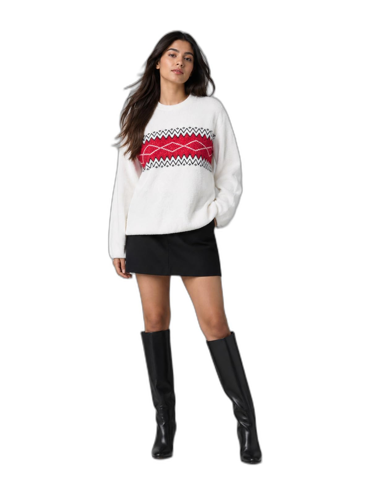 auren knit sweater for women | 100% hair nylon anti-pilling winter pullover | full sleeve round neck jacquard self design | relaxed fit