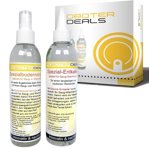 Reiniger Set für alle Staubsaugroboter Modelle und Hersteller (1x Bodenreiniger, 1x Entkalker). Schützt den Wassertank vor Verunreinigungen und deinen gesamten Roboter.