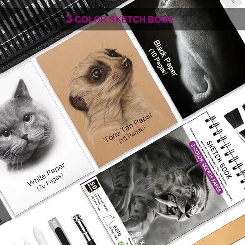 Hiforny HF-SPT58-CB 58 Pcs Drawing Kit Sketching Pencil Set,Sketch Pencils Art Supplies With 3-Color Sketchbook,Graphite,Charcoal,Blending Tools,Drawing Pencils For Adults Artists thumb #6