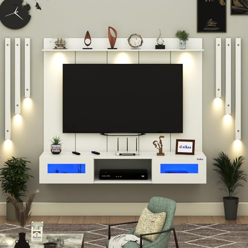 Image of Anikaa OriloPro Engineered Wood Wall Mount TV Unit with PVC Back Panel, Acrylic Blue LED Storage Box, Side Wooden Accent Spot Light Panels I Deal for Up to 50 Inch TV (White - DIY Installation)
