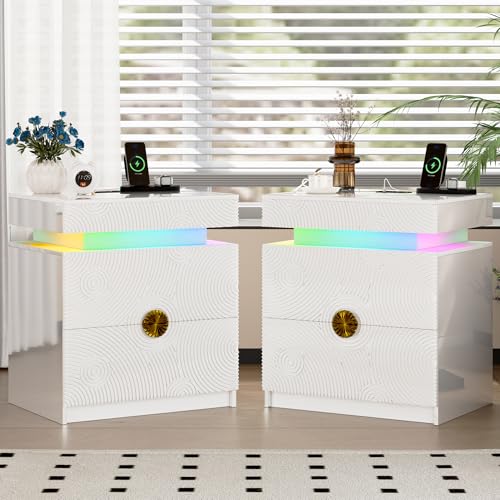 HNEBC Night Stand Set of 2 - with Lockable Gun Drawer, LED Nightstand with Charging Sation,Smart Bedside Table with 24 Color Lights,Glass Top End Table with 3 Drawers,Bedroom,White
