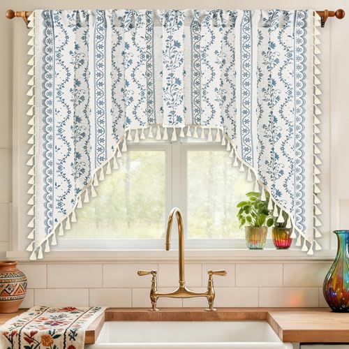 Image of Yinhua Boho Swag Valance Curtains Vintage Linen Valances for Windows Light Filtering Floral Kitchen Valance Rod Pocket Rustic Tassel Window Valances for Bathroom Cafe, 60 inch W x 36 inch L, White Blue