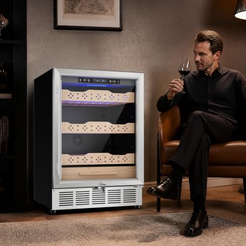 Image of 24 Inch Electric Humidor, Stainless Steel Humidor Cabinet with Large Capacity, Double-Layer Tempered Glass Door, Digital Temp & Humidity Control, Blue LED Light & Lock