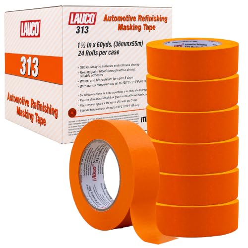 LAUCO Orange Automotive Refinishing Masking Tape 1.5 in x 60 yd (24 Rolls) – Autobody Painters Tape, UV, Moisture &amp; Heat Resistant, No Residue, Multi-Purpose for Auto Paint &amp; Detailing 19541