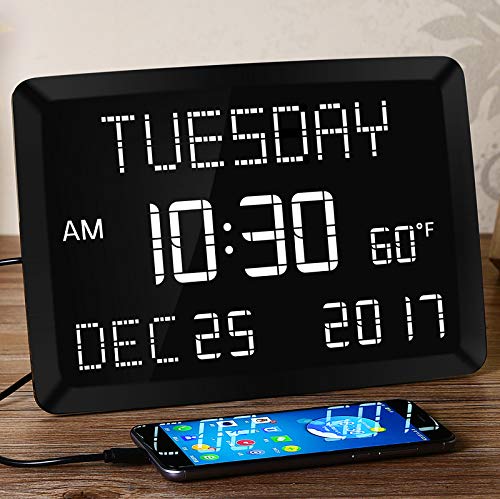 11.5” Large Alarm Clock for Bedroom, Calendar Day Clock, Digital LED Impaired Vision