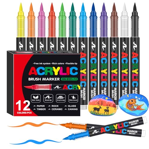 Bonala 12 Couleurs Feutre Acrylique, Acrylic Marker Pinceau pour le Feutres Coloriage Adulte，Liquide Direct Marqueur Acrylique pour Pierre,Bois,Galets,Papier, Tissu,Verre, Plastique (12 colors)