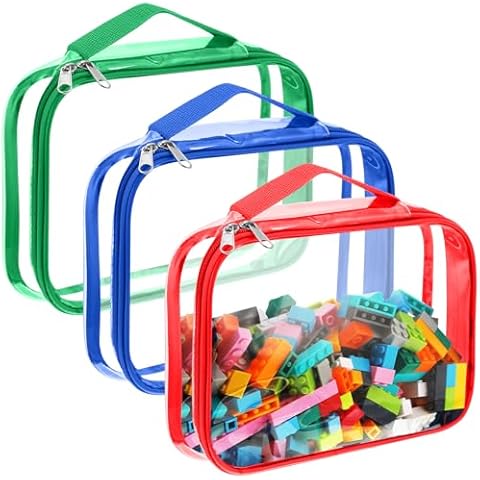 Sanwuta 3 Packs Toy Storage Bags with Zipper, Clear PVC Organizing Bags, Waterproof Toy Bags for Board Games, Building Blocks, Toys and Kids Books (Red, Blue, Green,12.6 x 9 x 2.36 Inch) Cover