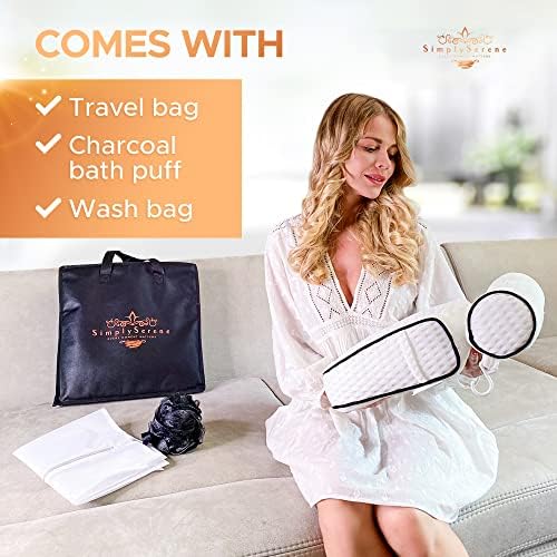 Simply Serene EVERY MOMENT MATTERS Luxury Bath Pillow & Charcoal Bath Puff Set| Waterproof Bathtub Cushion for Head, Neck & Back Support| Non-Slip Suction Cups| Ergonomic Home SPA Headrest