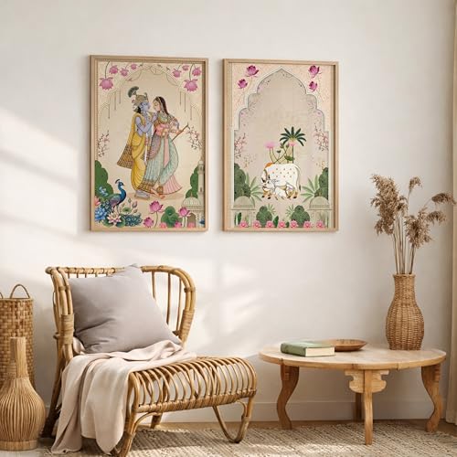 Image of Suneree Pichwai Radha Krishna Kamdhenu Cow Wall Art Painting | Set of 2 Framed Paintings | Traditional Indian Decor for Living Room Pooja Room Home | (ART 3, 13x19 INCHES)