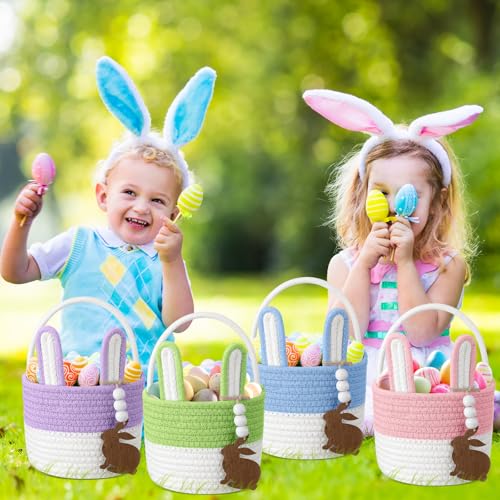 Image of SiliFine 4 Set Easter Baskets Easter Bunny Basket with Name Tag Rabbit Ear Easter Stuffer Basket Rustic Woven Round Storage for Kid Girl and Boy Gift Baby Shower Party Decoration Supplies