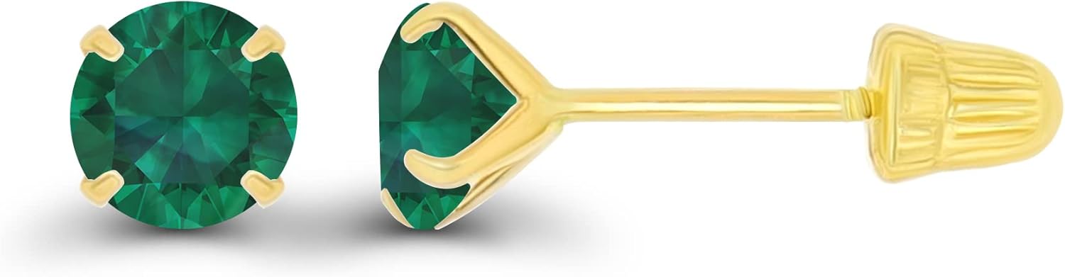 Solid 14k Gold Hypoallergenic 4mm Round Birthstone Solitaire Prong Set Screw Back Stud Earrings