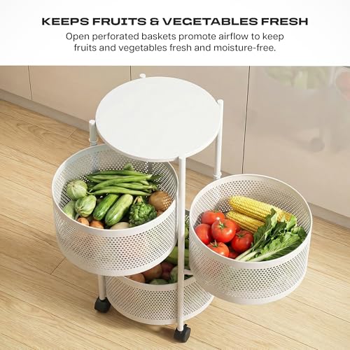Image of Metal Multi-Purpose Trolley Kitchen Storage Organizer Rack Stand with 360 Wheels | 3 Layer Round Design | Kitchen Accessories Items for Fruit Vegetable Onion Rack for Kitchen (White)