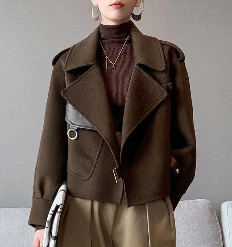 utcoco Women Cropped Wool Coats Warm Pea Coat Notched Lapel Open Front Trench Overcoat Jackets with Pockets3