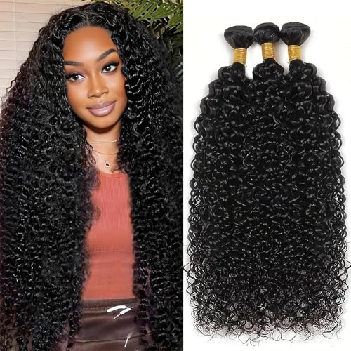 #1B Natural Black Human Hair Bundles 28 30 32 Inch 3 Bundles Kinky Curly Bundles Human Hair Unprocessed Brazilian Virgin Jerry Curly Human Hair Extensions for Black Woman 300G Total