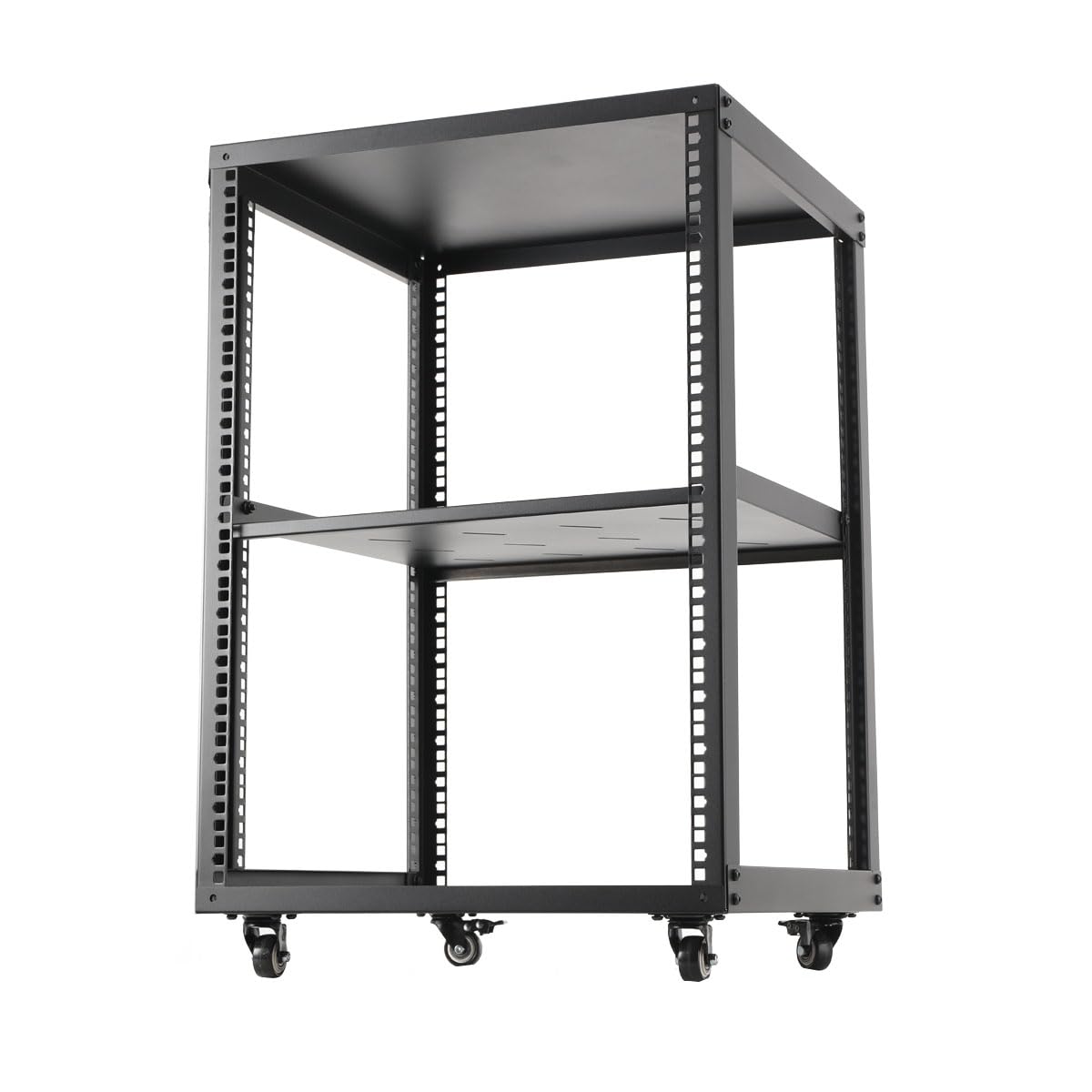 15U 19 Open Frame Server Rack, 19in Network Rack 4 Post AV Rack with Wheels, Rolling Rack for Computer/AV/Data/IT Equipment - Casters