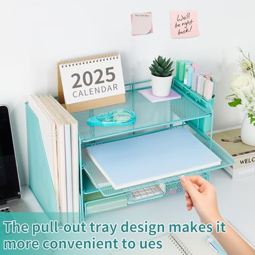 Image of OPNICE Desk Organizer, 4-Tier Desktop File Organizer with Drawer and Pen Holders, Office Desk Accessories, File Sorters, Workspace Organizers for Office Supplies(Teal Blue)
