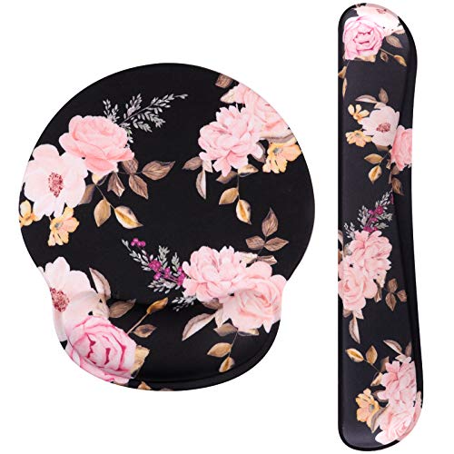 HAOCOO Mauspad und Tastatur Handgelenkstütze Set Ergonomische Gaming Rutschfeste Mauspad für Computer und Laptop Entlastet Den Handgelenk-Druck Der Tastatur und Der Maus (Elegante Blumen) Cover