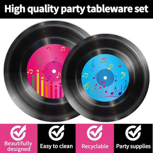 Image of 200 PCS Vinyl Record Tableware Disposable for 1950's Rock Music Party Supplies Back to 50s Rock Dinnerware Set Dessert Paper Plates Napkins Forks 50's Theme Party Retro Decorations Serve 50 guest