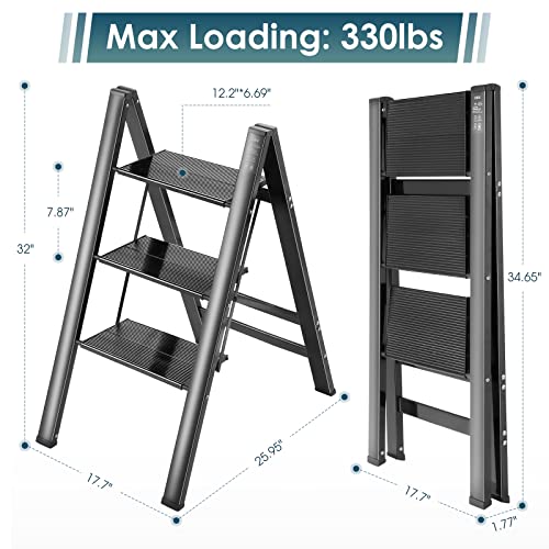 Akary 3 Step Ladder Aluminum - Lightweight Folding Step Stool, Wide Anti-Slip Pedal 300 Lbs Capacity Household Office Portable Stepladder, Black #TOP3